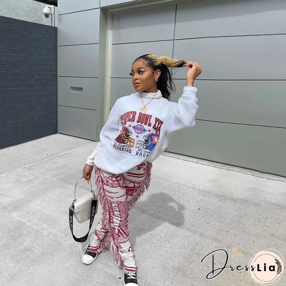 Side Tassels Patchwork Elastic Waist Women Print Jogger Pant