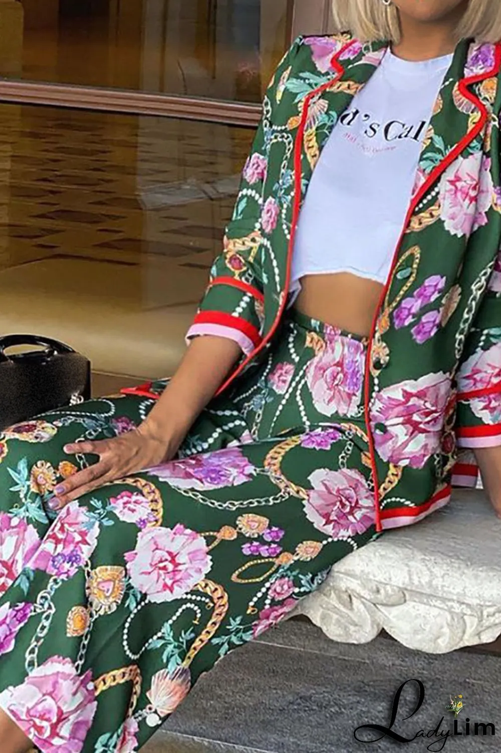 Green Fashion Casual Print Split Joint Buckle Turn-back Collar Long Sleeve Two Pieces