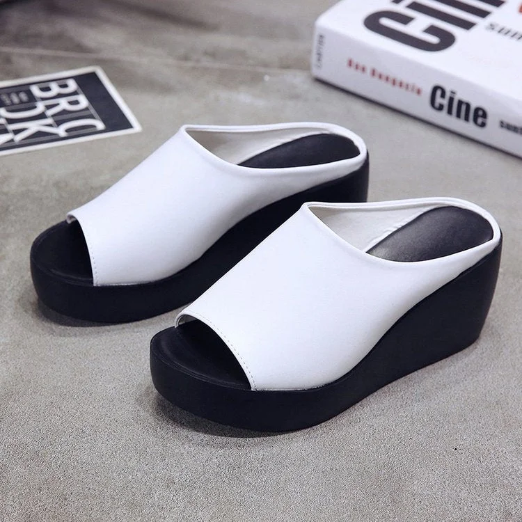 Women Sandals 7.5cm Platform Wedges Women's Shoes Thick Heel Open Peep Toe Sandals Leather Summer Style Slide Black Shoes