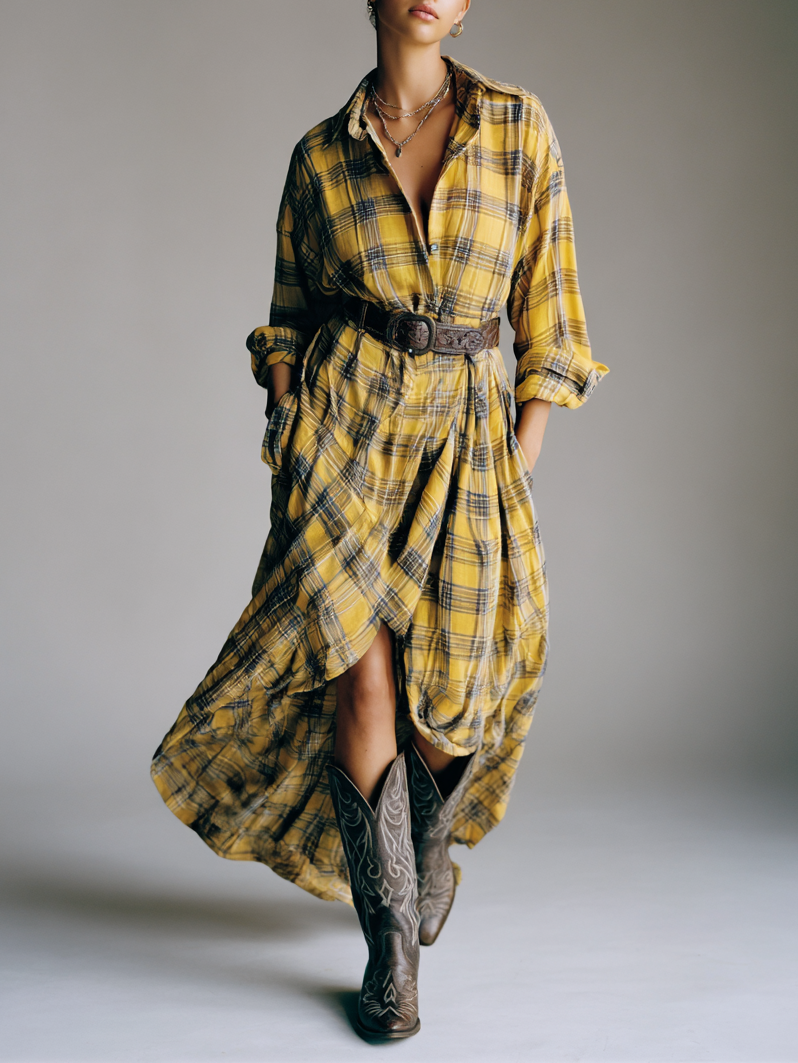 Women's Plaid Short Front And Long Back Shirt Maxi Dress(Belt Not Included) 
