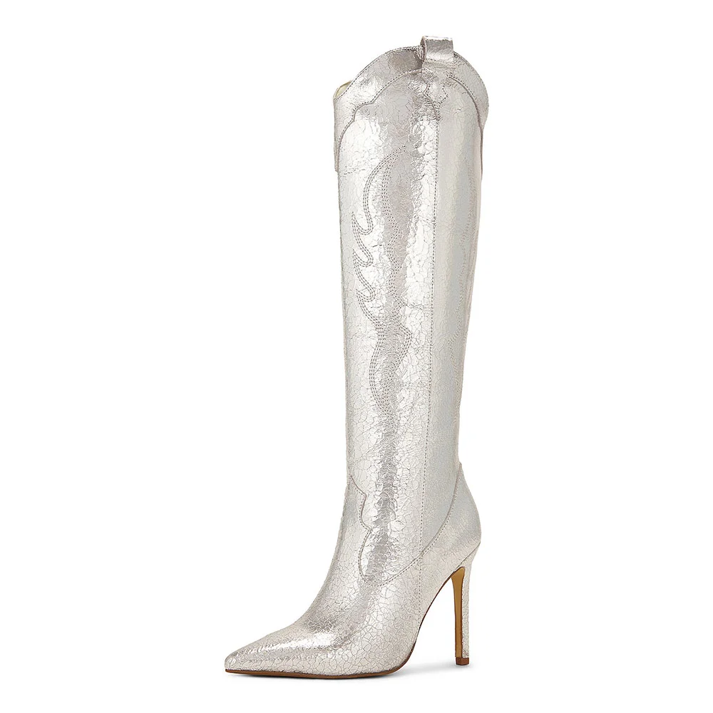 Silver Cracked Metallic Finish Stiletto Heel Embroidered Cowgirl Boots