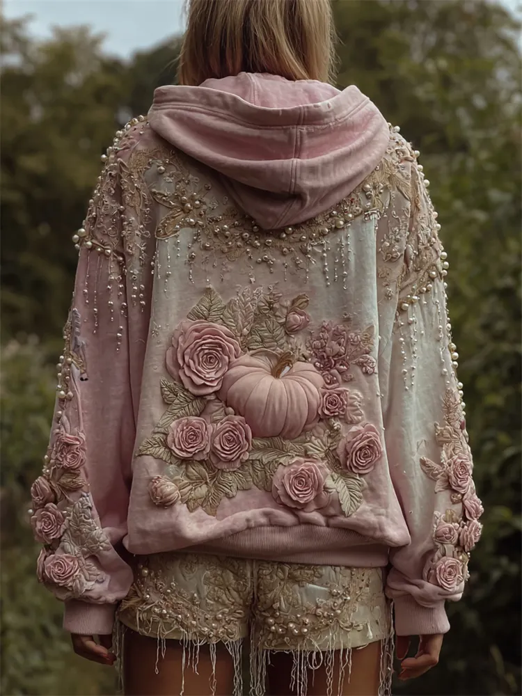Vintage Thanksgiving Pink Pumpkin & Roses Beaded Dyed Hoodie