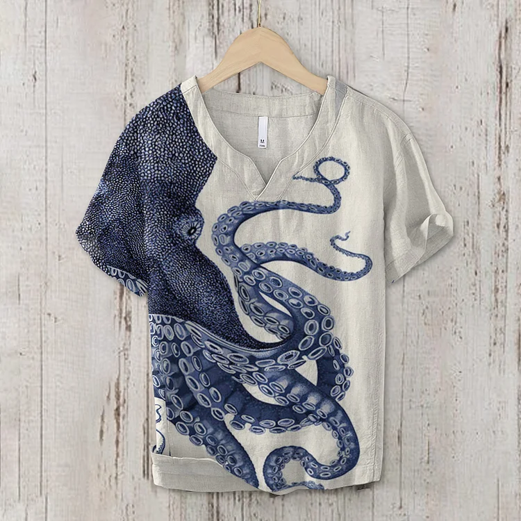 Japanese Art Octopus Printed V-Neck Short Sleeve Shirt