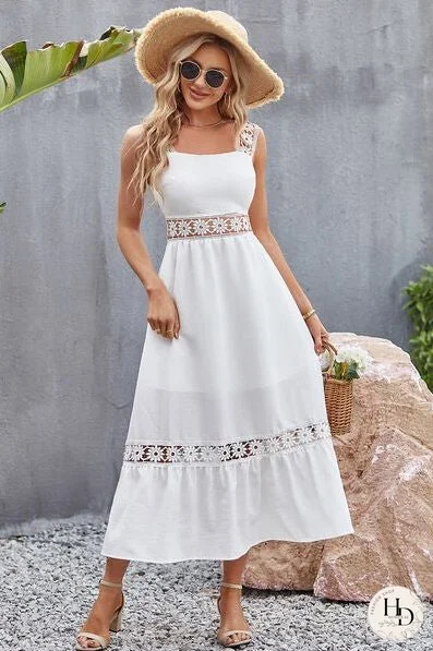 Flower Crochet Wide Strap Midi Dress