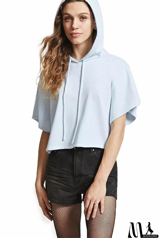 MidiSono - Solid Drawstring Hooded Sweatshirt With Short Sleeves