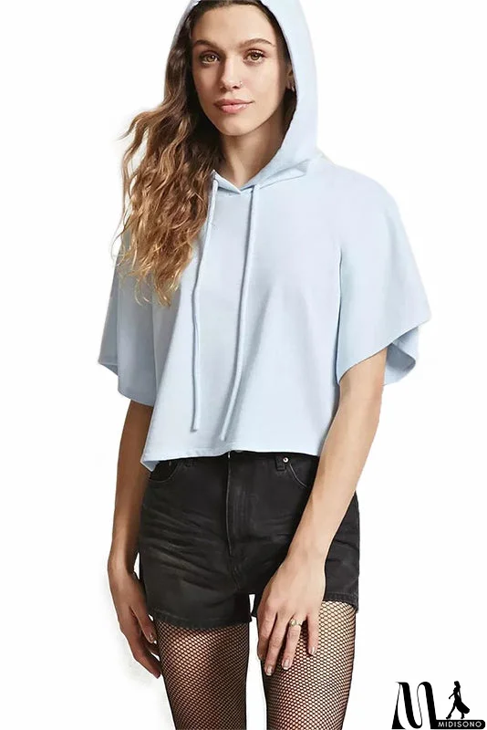 MidiSono - Solid Drawstring Hooded Sweatshirt With Short Sleeves