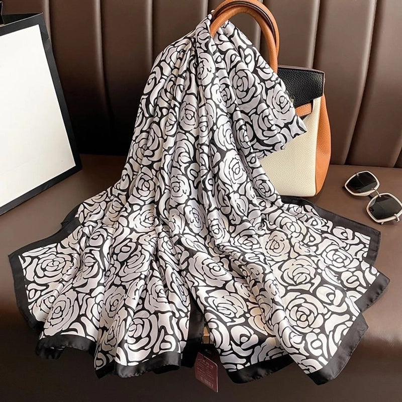 Women’s Fashion Letter Plaid Satin Printing Silk Scarves