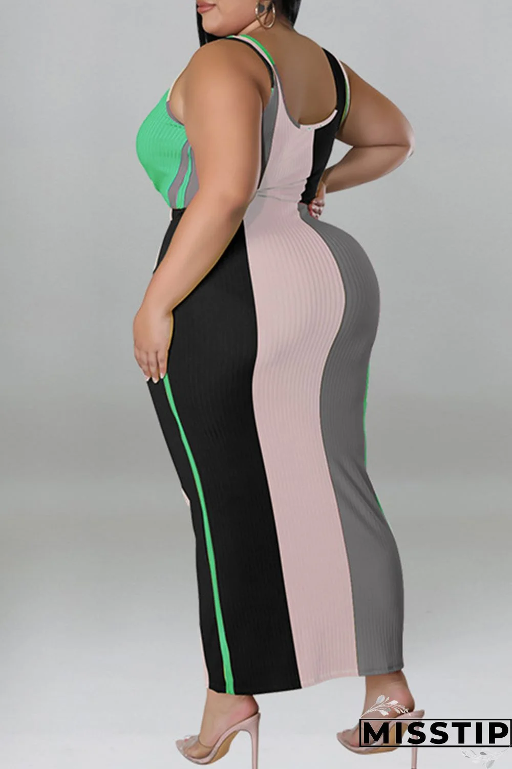 Blue Fashion Casual Striped Print Patchwork Contrast U Neck Plus Size Two Piece Set