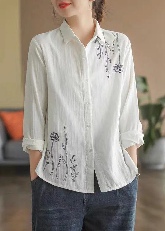 French White Peter Pan Collar Embroideried Cotton Shirt Tops Spring