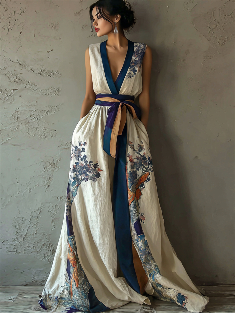 Japanese Traditional Floral Art Flowy Tied Linen Maxi Dress wearshes