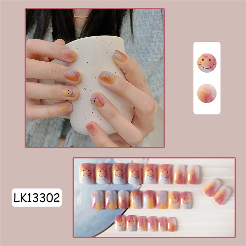 Bayuyun 24Pcs/Set Coffee Leopard French Fake Nails with Diamonds Japan Korean Artificial Acrylic Press on Nails Removable Stick on Nails