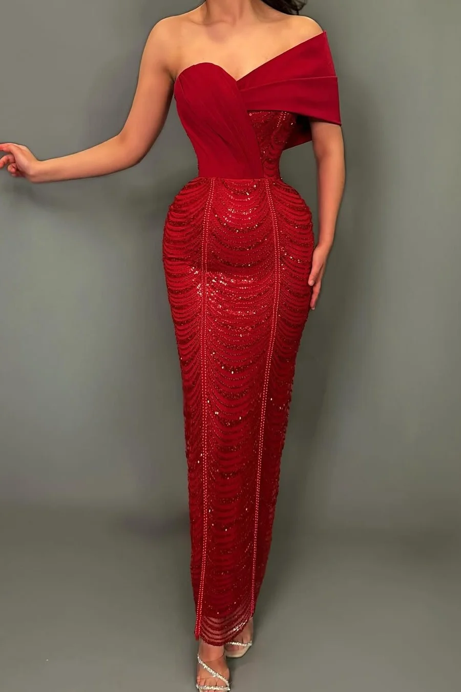 Daisda Red Sleeveless One-Shoulders Sweetheart Beads Mermaid Prom Dress
