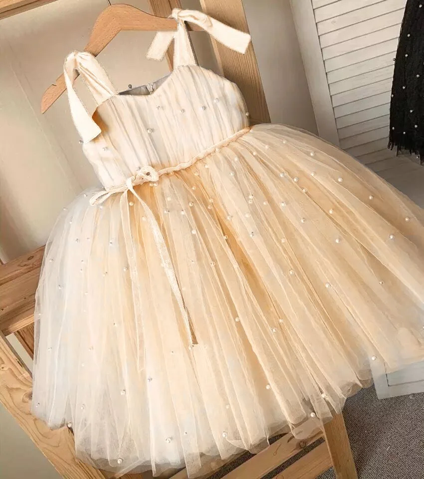 Summer Girl Tulle Dress Princess Party Tutu Fluffy Pearl Dress Kids Wedding Evening Gown Children Clothing Baby Clothes Vestidos