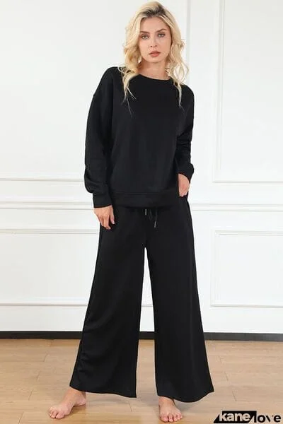 Double Take Full Size Textured Long Sleeve Top and Drawstring Pants Set