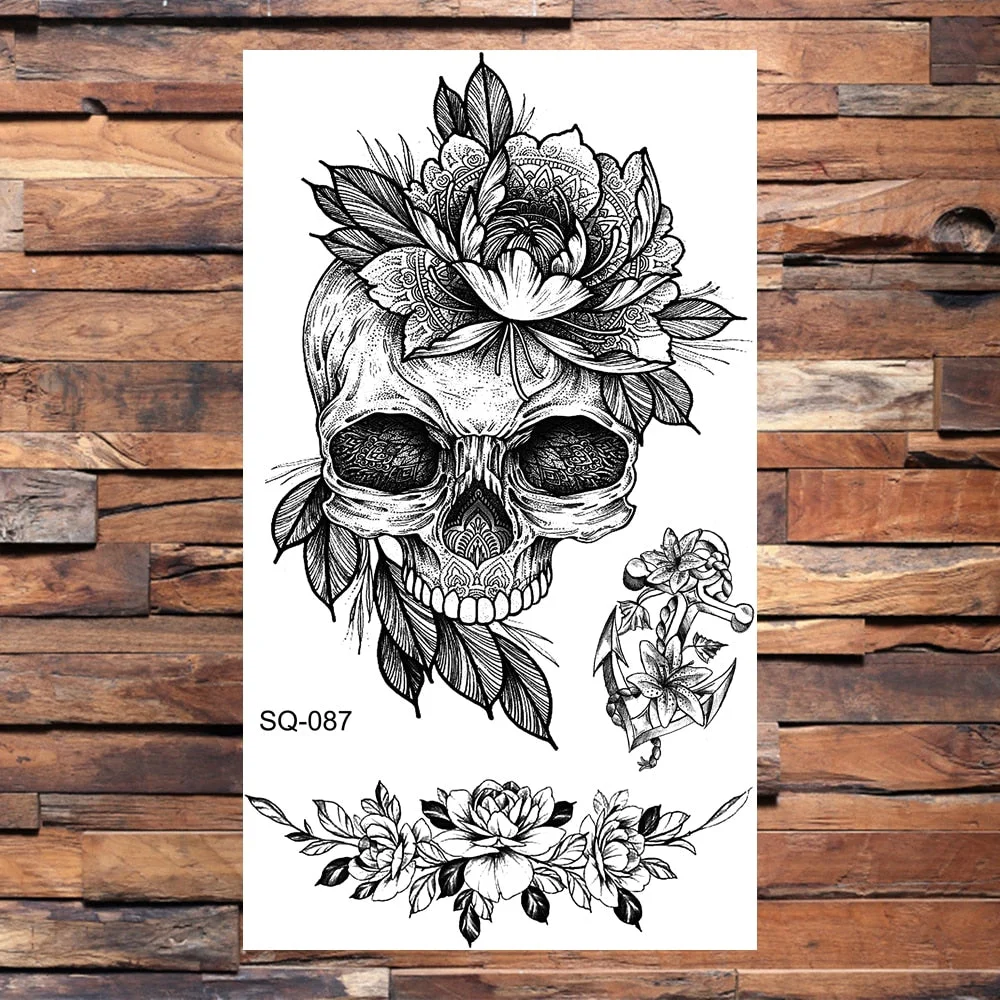 Skeleton Skull Temporary Tattoos For Women Adults Realistic Wolf Snake Rose Flower Feather Fake Tattoo Sticker Back Tatoos Body