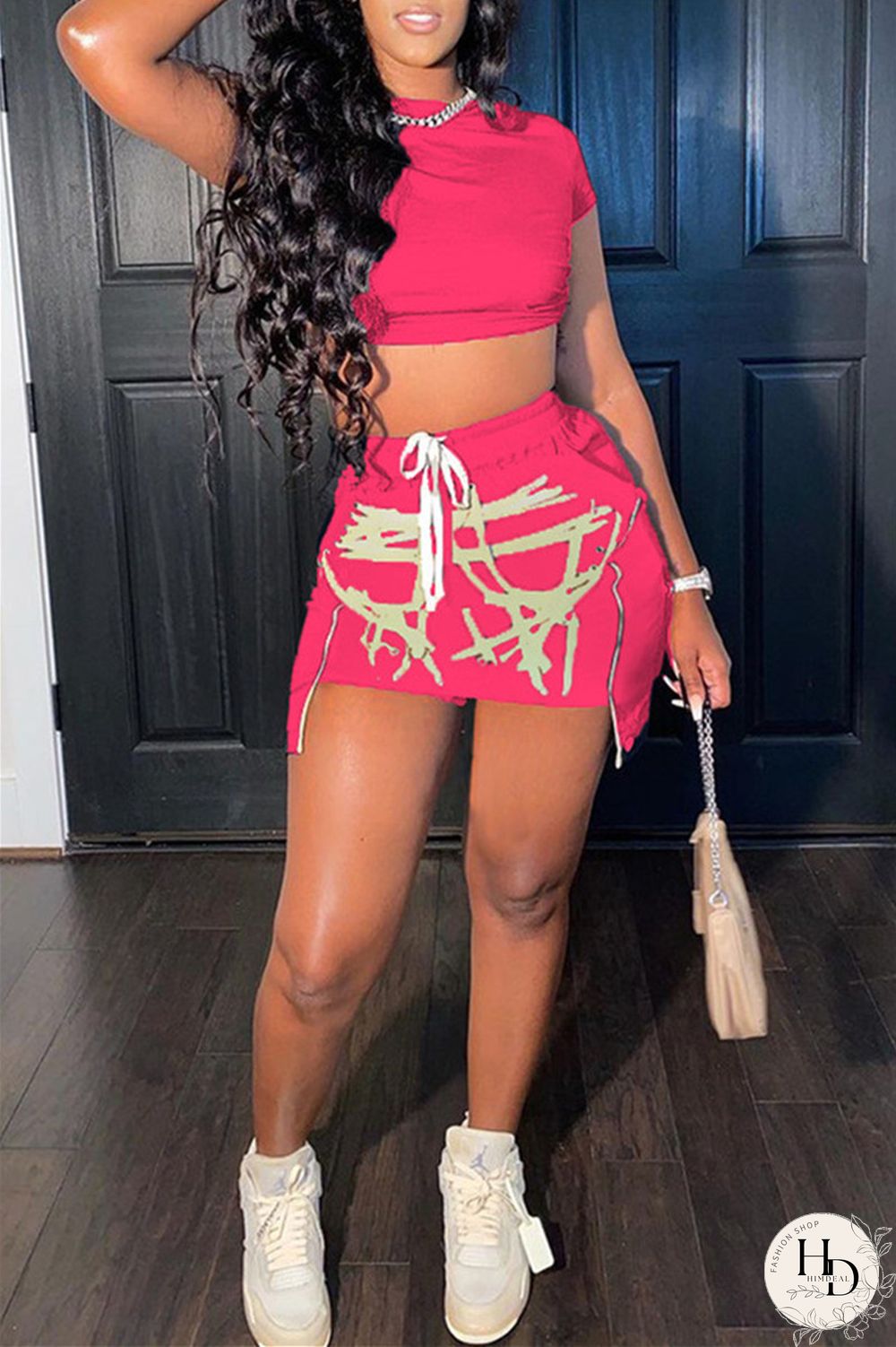 Red Fashion Sexy Print Asymmetrical O Neck Short Sleeve Two Pieces