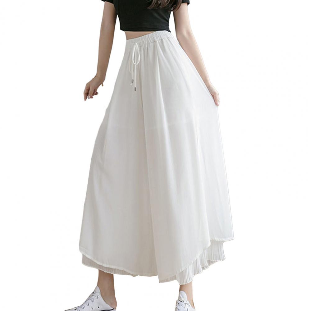 Poncun Women Pants Elastic Wide Leg Irregular Hem Double Layers Trousers Summer Casual Loose Pleated Pants High Waist Street Skirt Pant