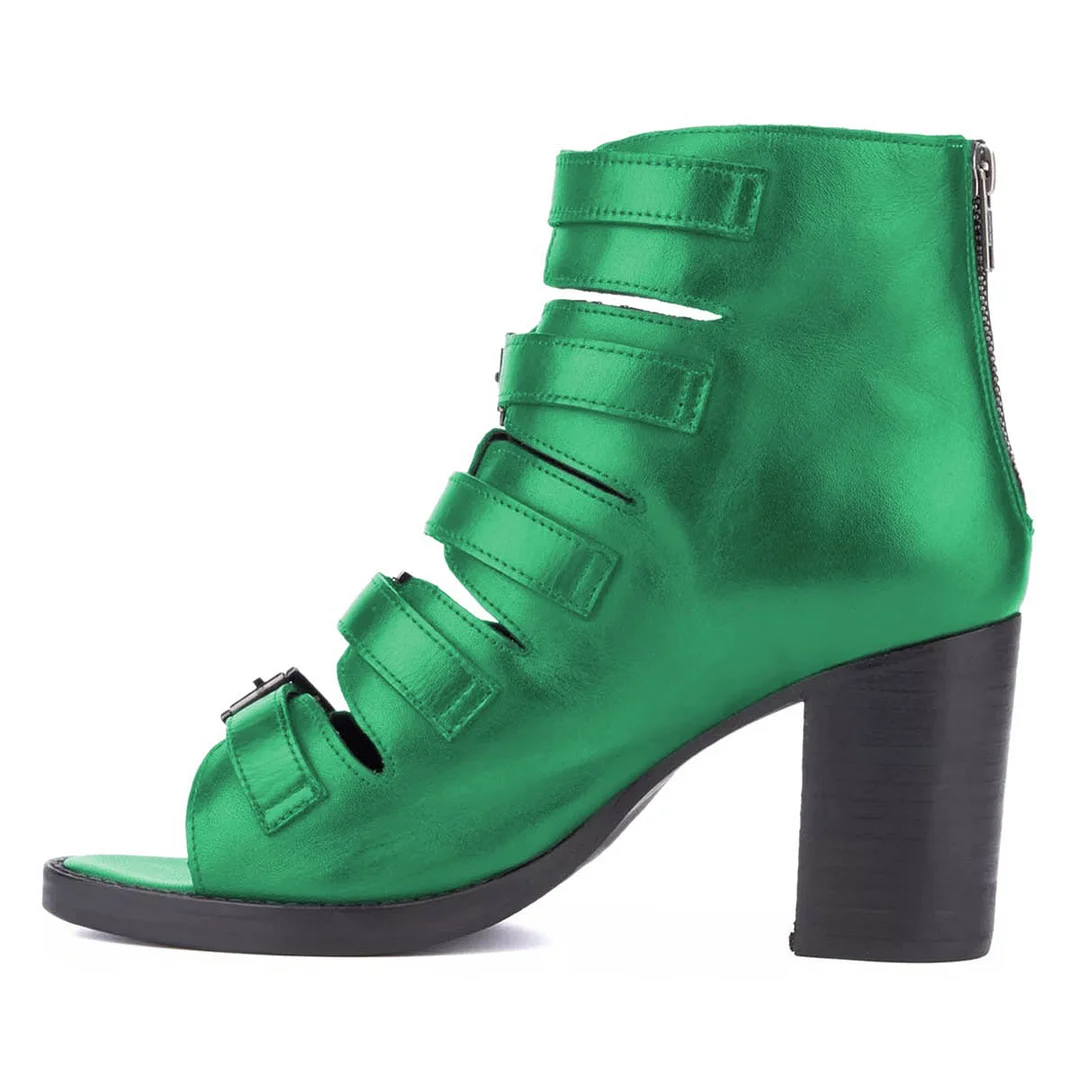 Green Peep Toe Chunky High Heel Buckled Hollow-Out Summer Sandals