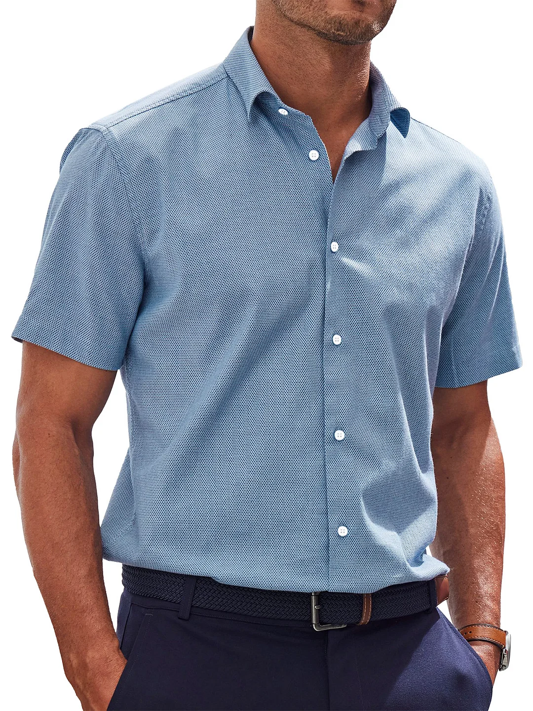 Men's Simple Solid Color Lapel Button-down Short-sleeved Shirt