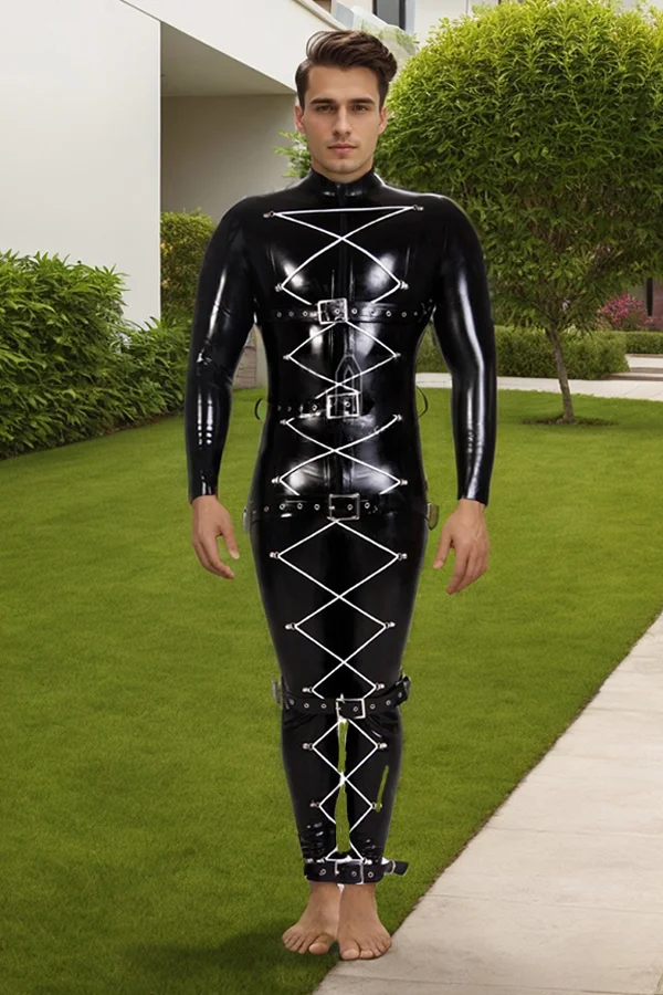 Man Latex Catsuits Men's Zig-Zag Ties Bondage  Catsuit
