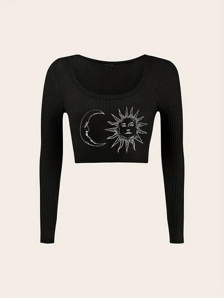 Y2K Sun Moon Pattern Long Sleeve T-Shirt Women Slim Top Orientation