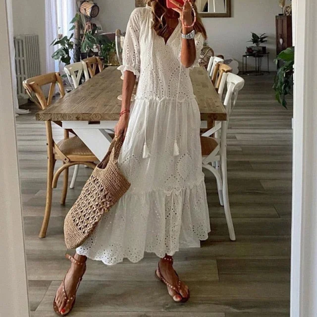 Casual Short Sleeve Embroidered Long Dress