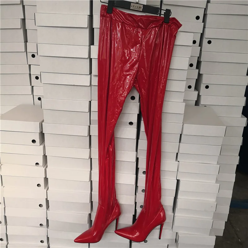 Women's Sexy White Performance Latex Stiletto Catwalk Trousers Boots Women's Dance Stiletto Heel Boots Novameme