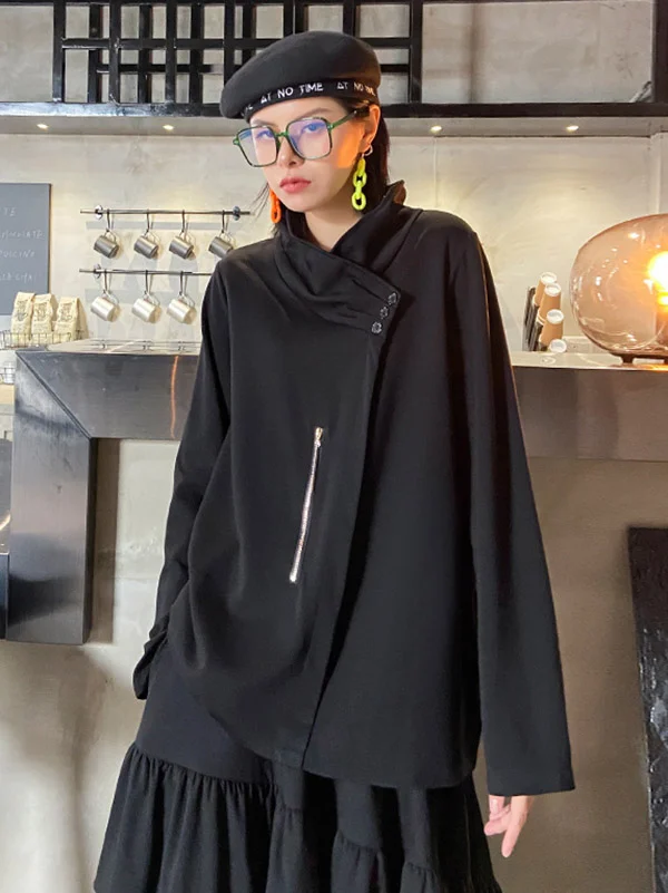 Casual Roomy Long Sleeves Asymmetric Stand Collar T-Shirts Tops