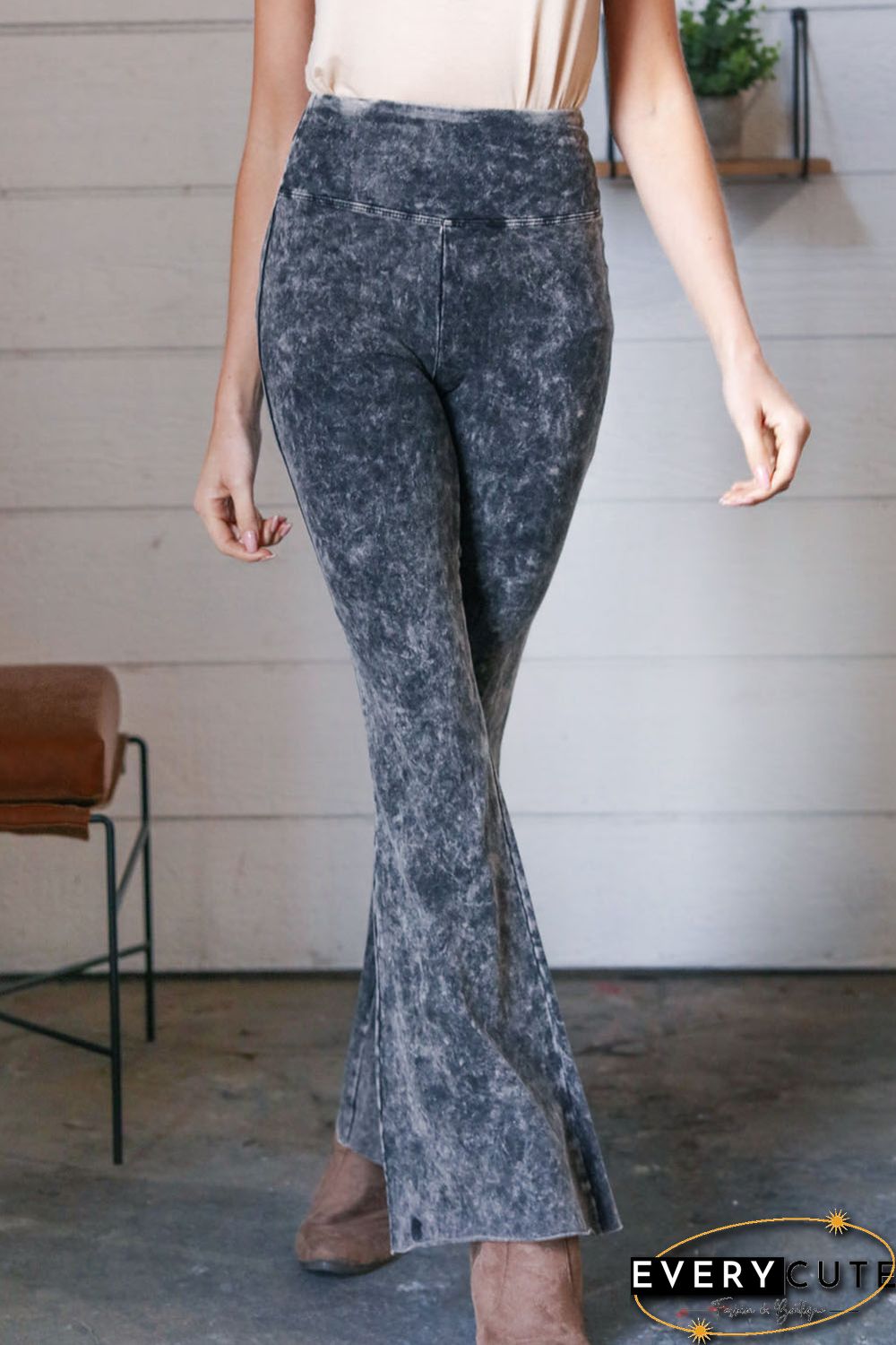 Gray Mineral Wash Retro High Waist Flare Pants