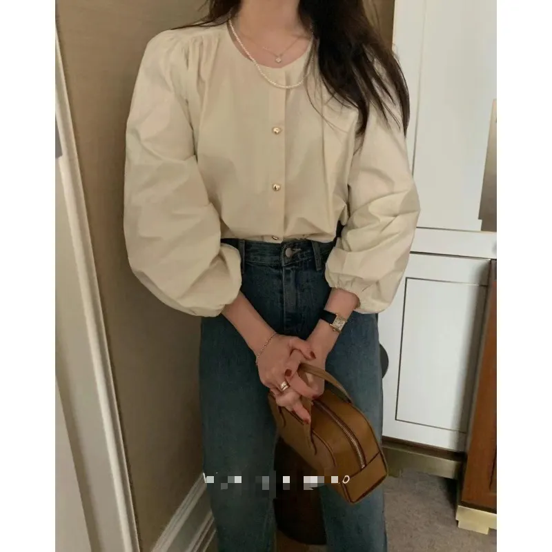 Uveng Uveng And Summer 2024 South Korea Dongdaemun New Design Sense Of Small Chic Button Round-Neck Long-Sleeved Shirt Woman