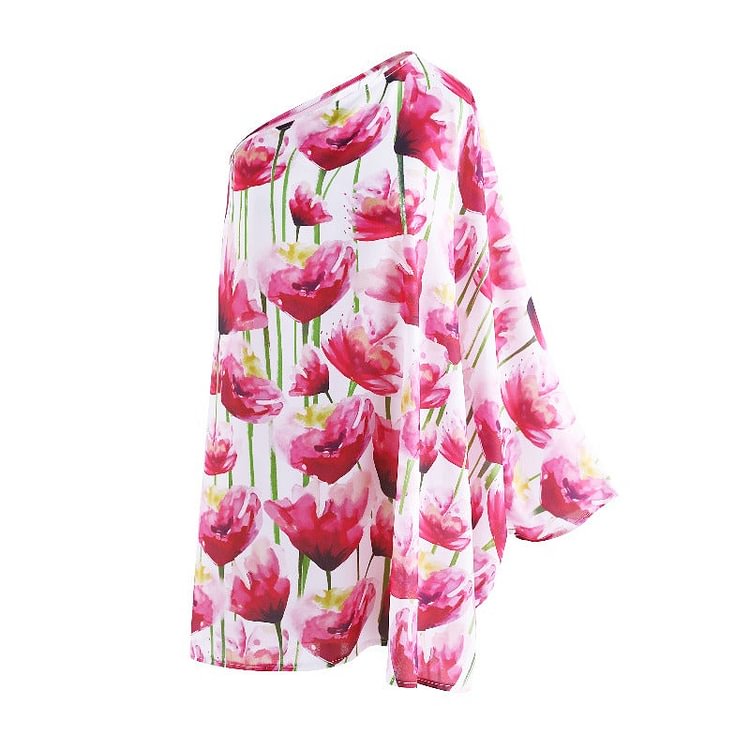 Flaxmaker Oblique Shoulder Tulips Printed Beach Cover Up and Elastic Waist Pants