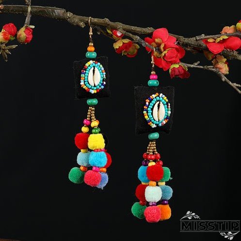Retro national style contrast color pommel Earrings exaggerated personality Bohemian holiday long tassel temperament Earrings women