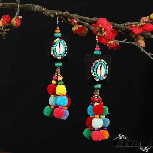 Retro national style contrast color pommel Earrings exaggerated personality Bohemian holiday long tassel temperament Earrings women