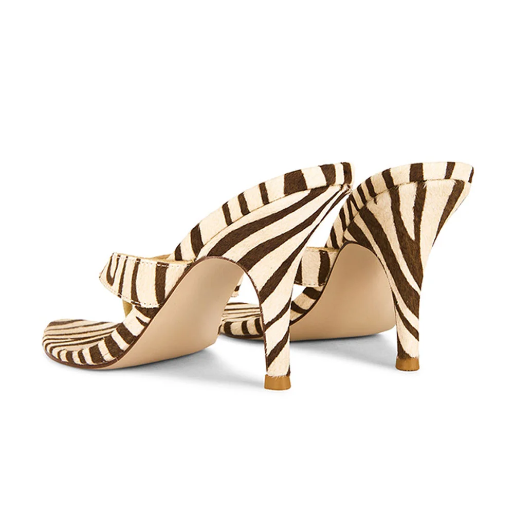Brown & Beige Open Pointed Toe Flip Flops Zebra Print Mules Shoes