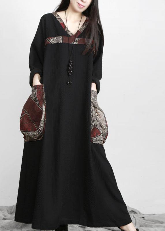 VCSHOES Black V Neck Patchwork Print Pockets Dress Fall
