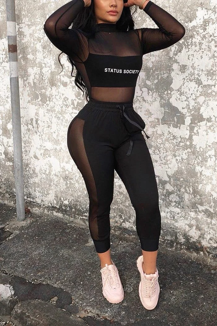 Sexy Casual Mesh Stitching Letter Suit