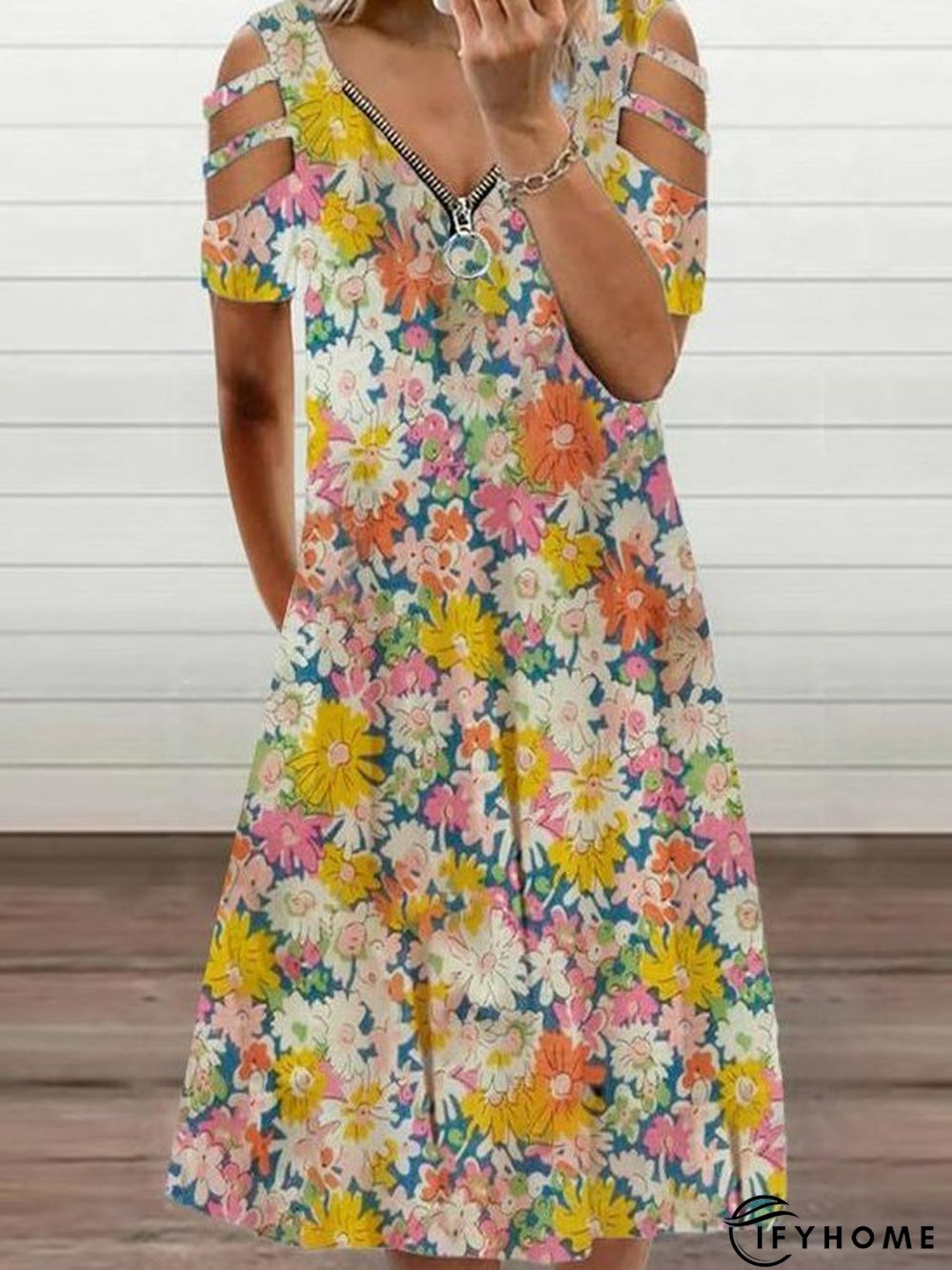 Floral-Print V Neck Short Sleeve Women Dress | IFYHOME