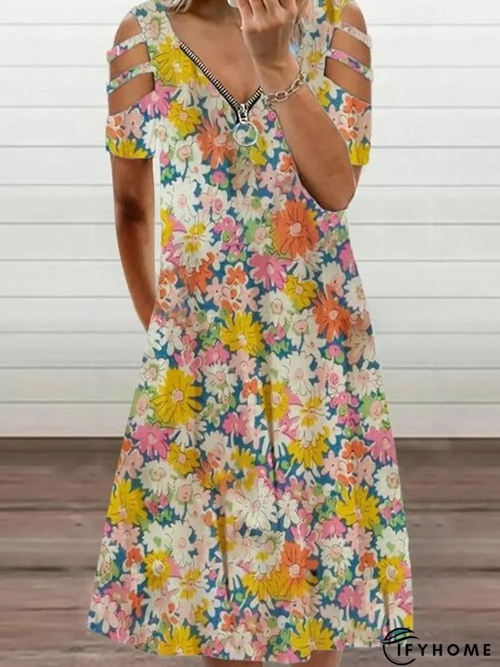 Floral-Print V Neck Short Sleeve Women Dress | IFYHOME