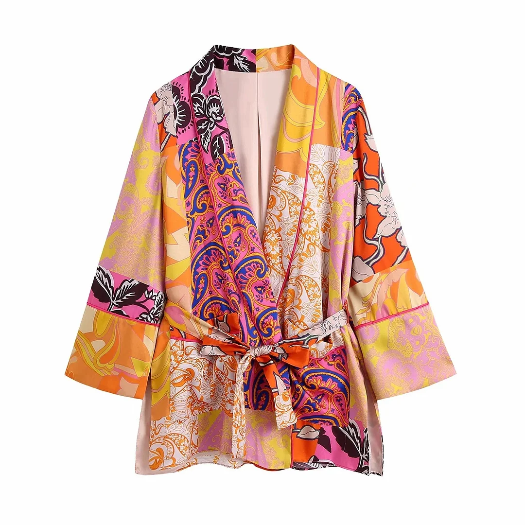 Fashion Casual Printed Women Long Blouse With Belt Loose Shirt High Waist Kimono Summer Shorts 2 pieces Optional Set Streetwear
