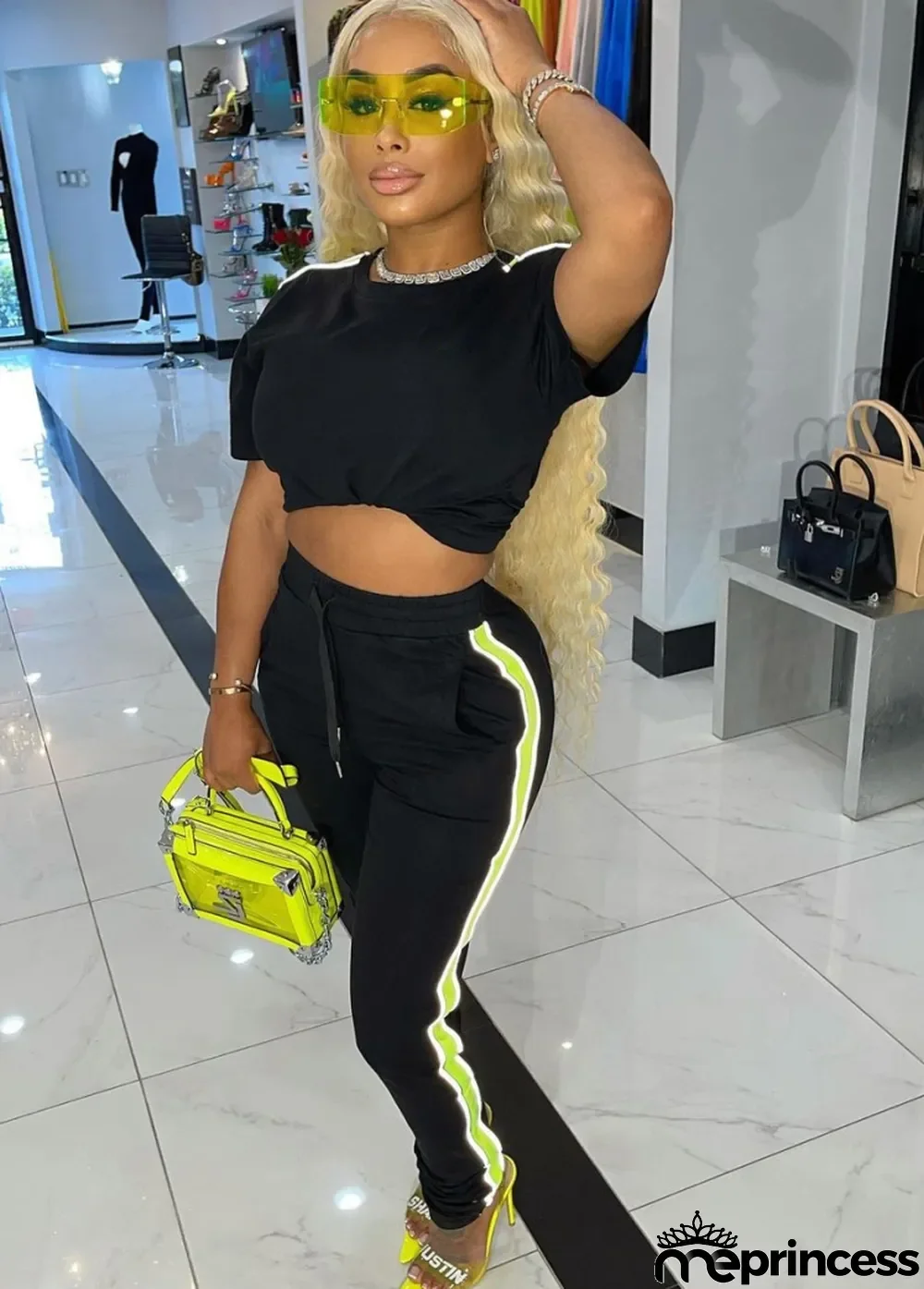 Summer Casual Black Crop Top and Matching Sweatpants 2PC Set