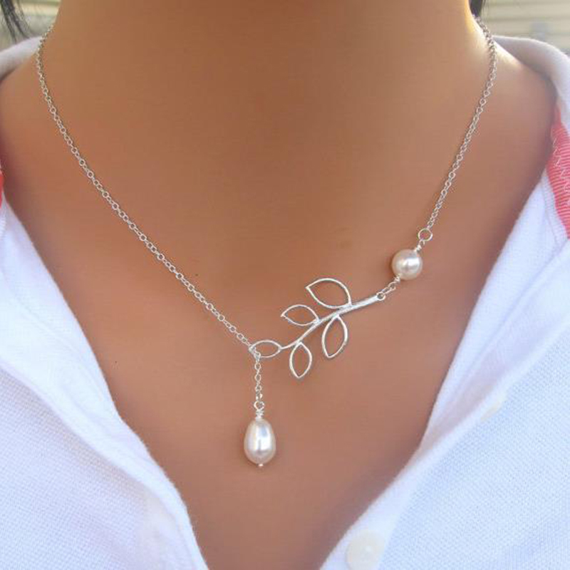 Fashion Silver Leaf Water Droplet Shaped Pearl Clavicle Chain Necklace 2024 - Flycurvy 