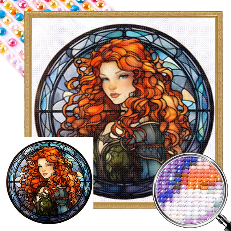 Partial AB Drill - Full Round Diamond Painting - Glass Art - Red Haired Girl 40*40CM