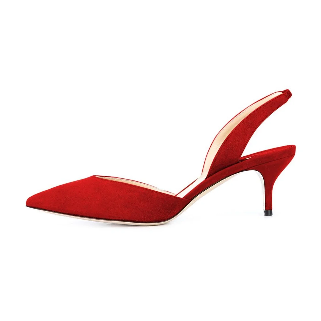Faux Suede Pointed Slingback Strappy Kitten Heel Pumps in Red