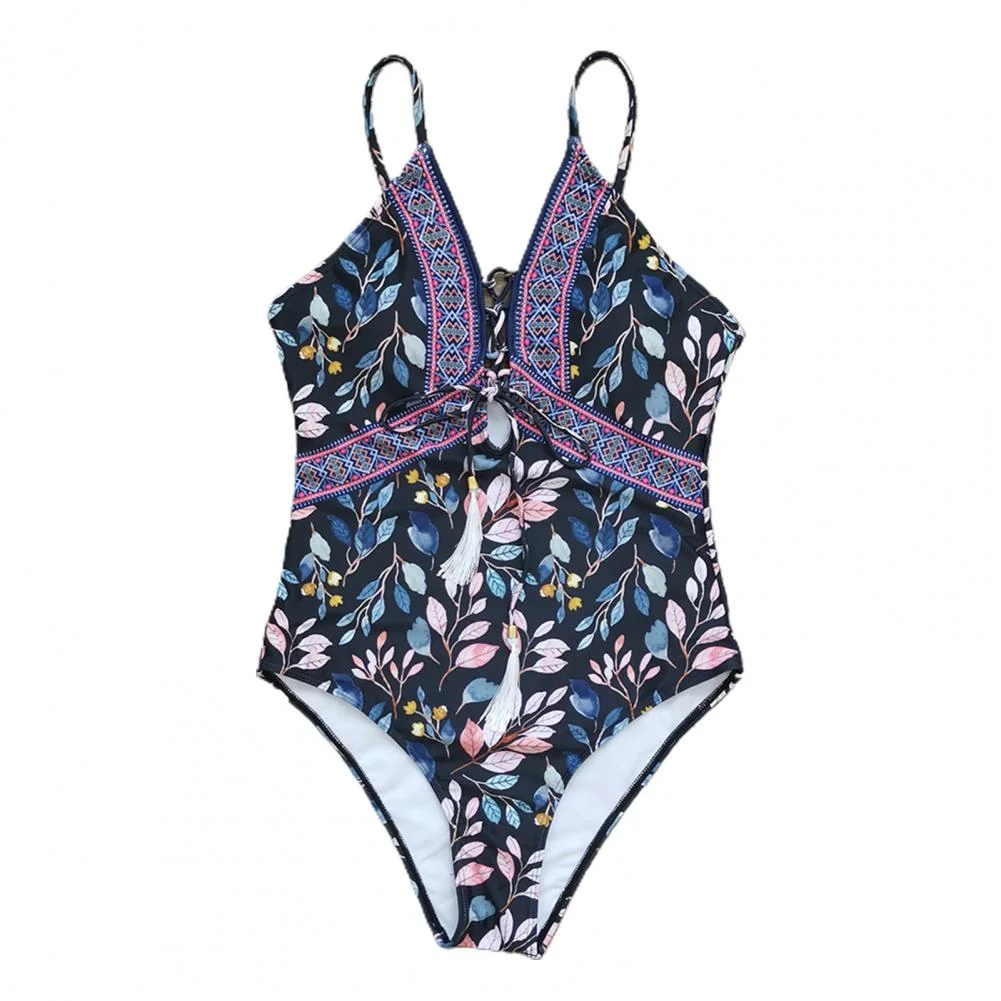 Women Swimsuit Backless Hollowed-out with Tassels Lace Up Ethnic Style Summer Female Bikini for Swimming Pool