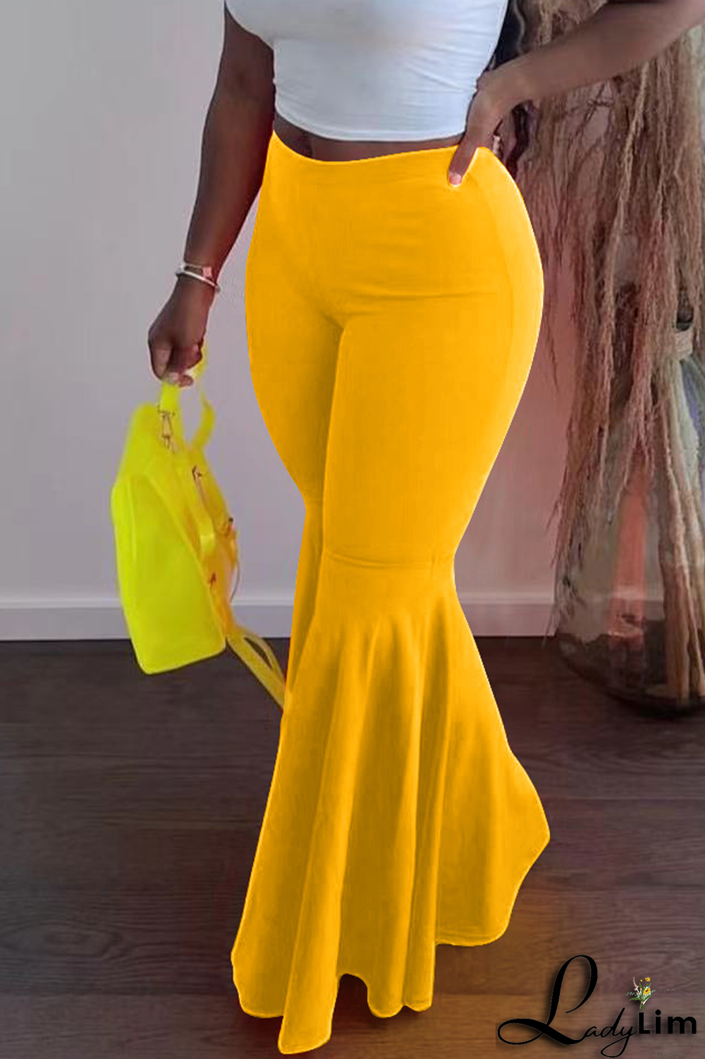 Fluorescent Green Fashion Solid Flounce Boot Cut High Waist Speaker Solid Color Bottoms