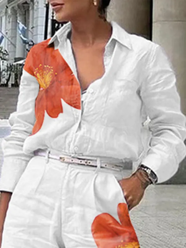 Long Sleeves Floral Printed Split-Joint Lapel Blouses&Shirts Tops