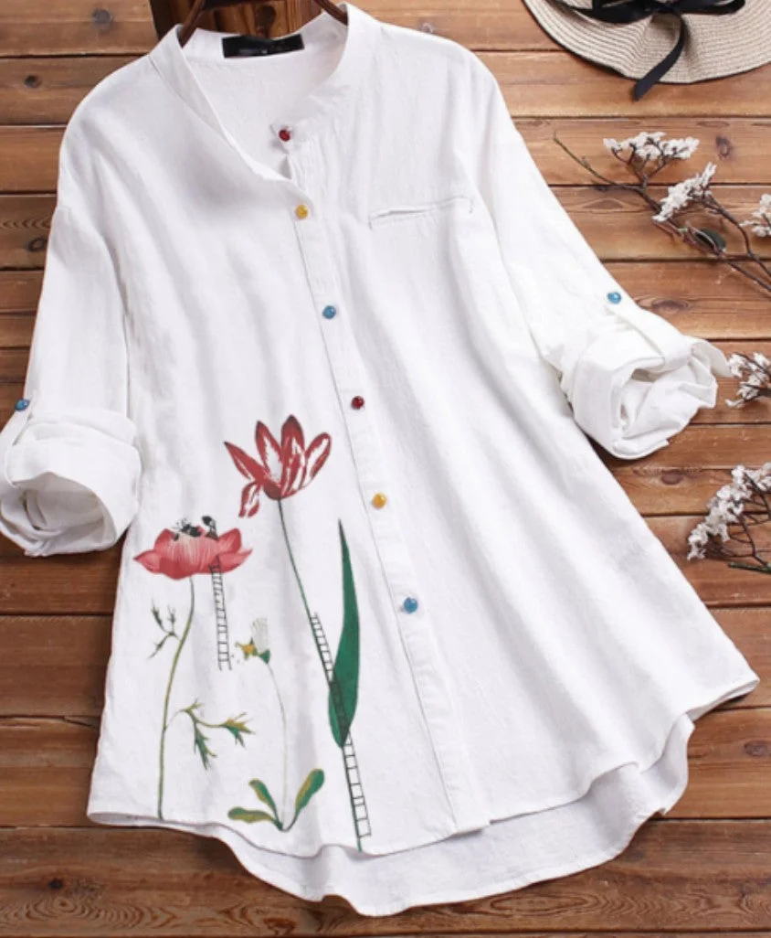 Women's Loose Cotton And Linen Color Button Long-Sleeved Shirt