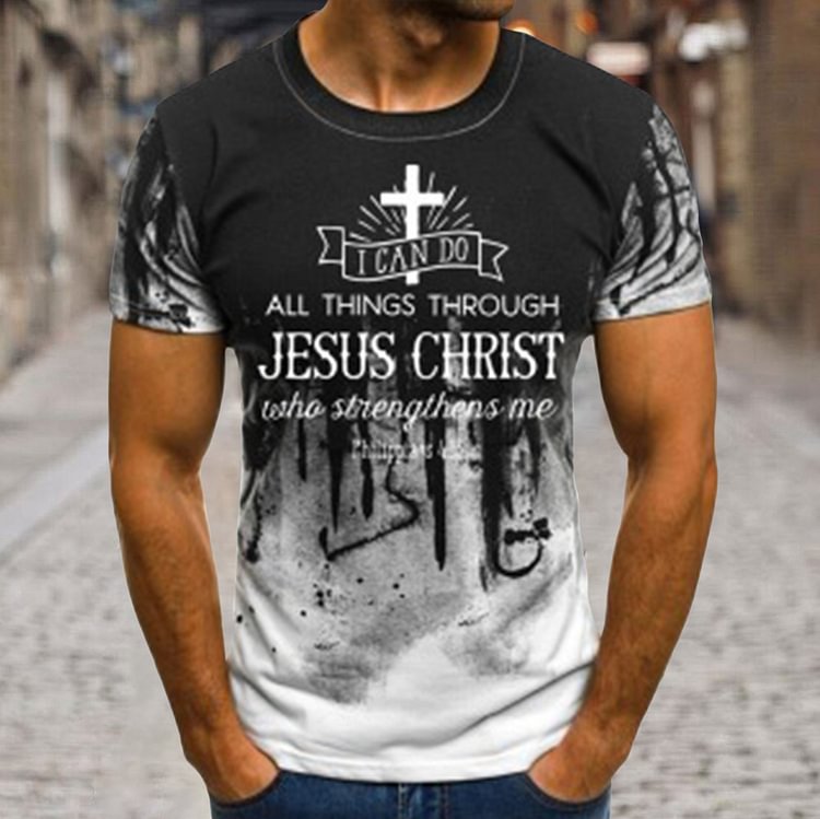 BrosWear Vintage I Can Do All Things Through Jesus Christ Letter Print Short Sleeve T-Shirt white grey
