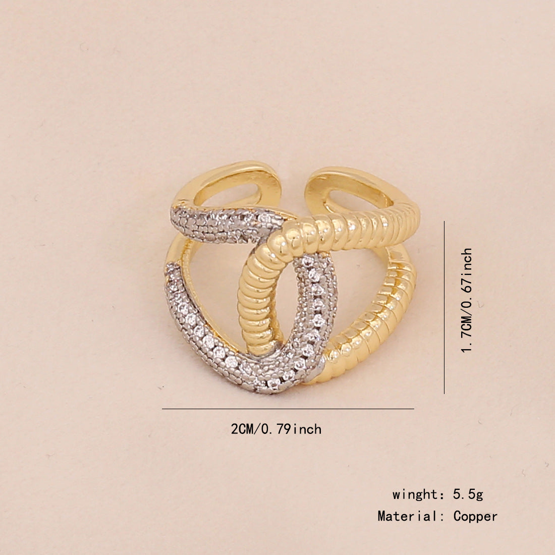 Gold Heart Zircon Ring Geometric Metal Style Live Ring Female Niche Ring R116