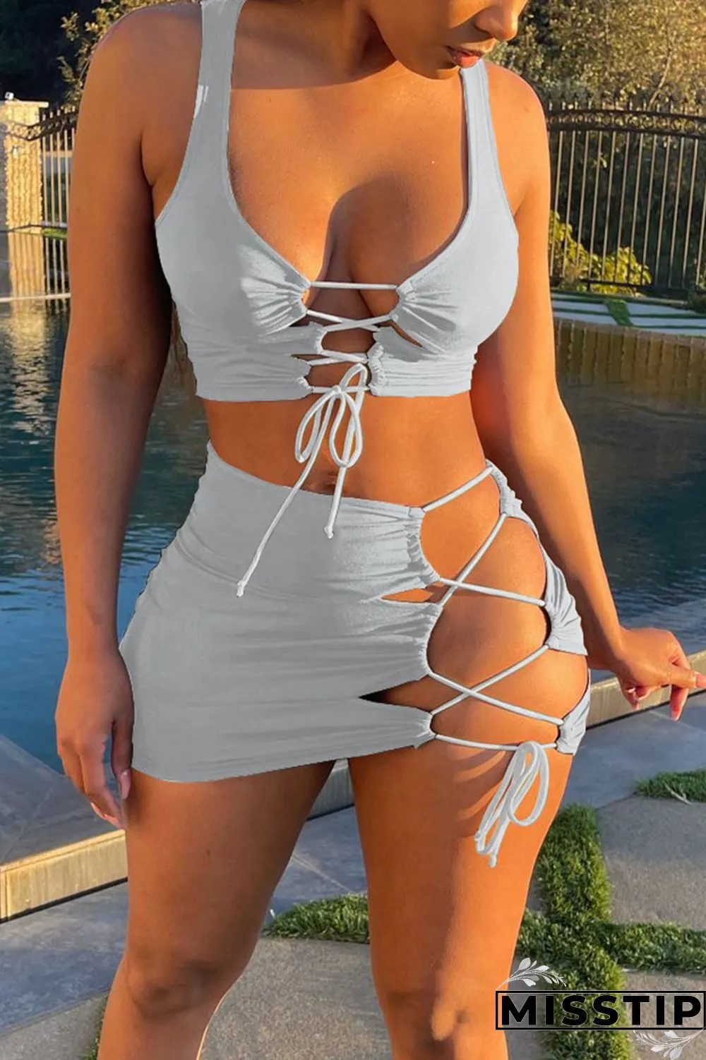 Blue Sexy Solid Bandage Spaghetti Strap Sleeveless Two Pieces